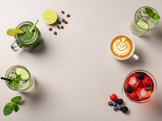 Variety of refreshing drinks arrangement for a balanced lifestyle concept