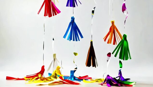 Colorful tassels hanging and swaying gently against a white background.