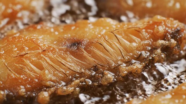 Closeup of goldenbrown fish showing crispy skin and bones bubbling in oil