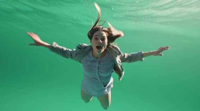 Woman Falling Underwater Looking Shocked and Scared