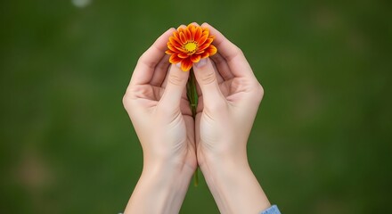 Woman holding a delicate orange flower in her hands on a green backdrop