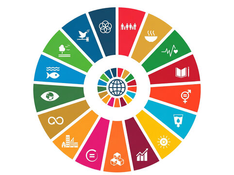 SDGs sustainable development goals color wheel and 17 icons set, flat infographic element for corporate social responsibility and environmental reports.