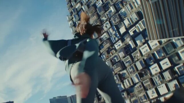 Thrilled Woman Base Jumping from Skyscraper Headfirst Over City
