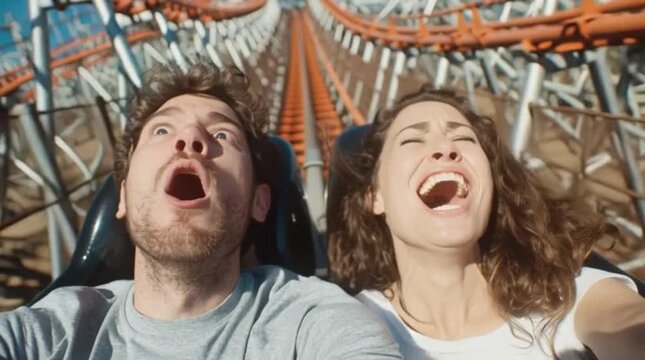 Thrilled couple screaming on a fast amusement park roller coaster ride