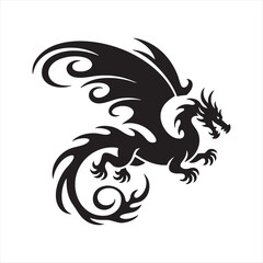 Stylized black dragon in flight with elaborate wings and tail, tribal art style