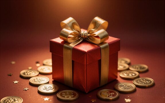 Red gift box with gold ribbon, surrounded by coins and stars on warm background.