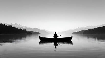 Silhouette of a canoe floating on calm water minimalist black and white illustration