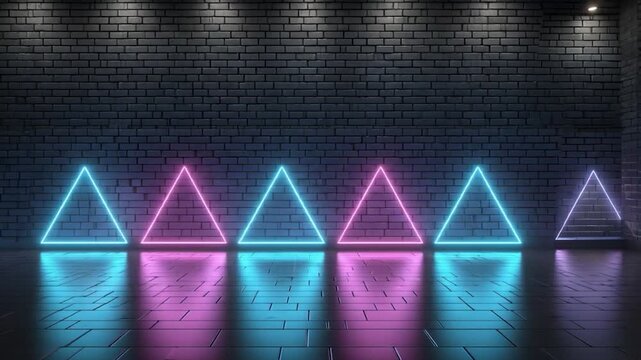 Neon triangles on dark brick wall modern design digital art background