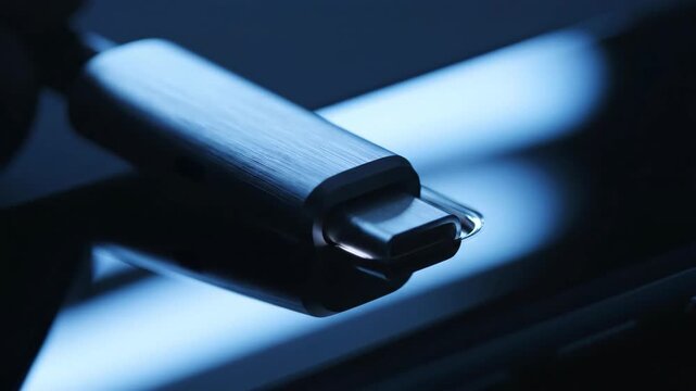 Closeup of a silver USBC connector resting on a dark reflective surface under cool blue lighting