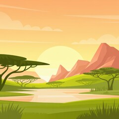 Obraz premium Serene african savannah landscape with majestic mountains and tranquil lake at sunset