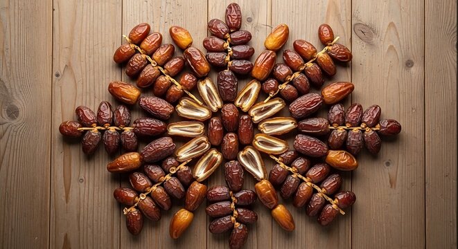 Dates arranged in a circular pattern on wooden background.