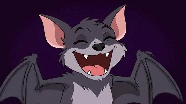 Happy cartoon bat character with fangs against dark background