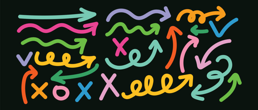 Hand drawn grunge crayon brush direction elements. Vector illustration, Arrow crayon pastel chalk color line stroke. Sketch chalk pastel color texture line kid fun arrow icon.