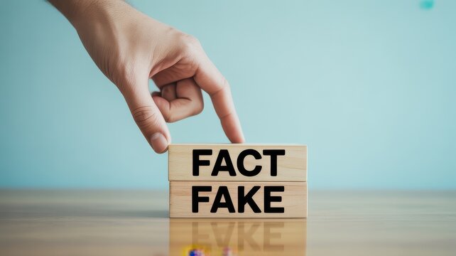 Hand pointing to stacked wooden blocks with fact and fake written on them