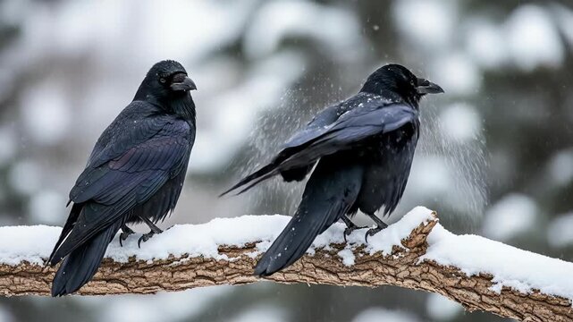Two black ravens perched on a bare branch in a wintry forest scene with snow.