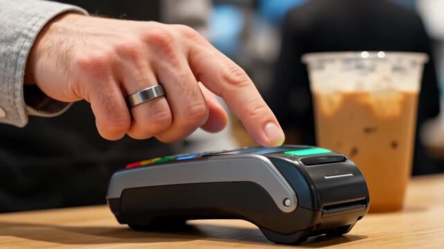 Man Using Smart Ring for Contactless Payment on POS Terminal in Cafe