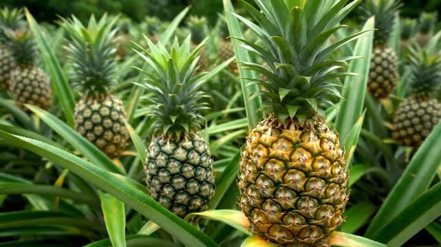 Ripe and unripe pineapples growing in tropical plantation field