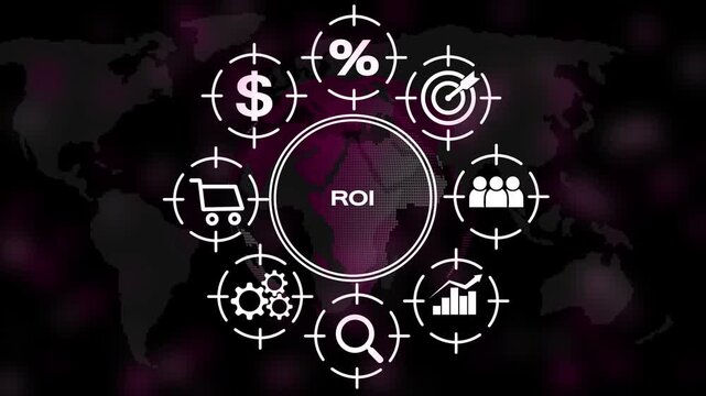 ROI business concept with for sales, finance, research, and customer engagement arranged in a circle around the word ROI on a map background Keywords: ROI, return, investment, business