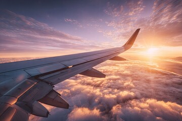 Obraz premium Airplane wing in flight over clouds at sunrise sunset