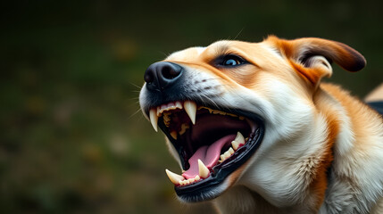 aggressive dog with mouth open and teeth bared, showing its teeth