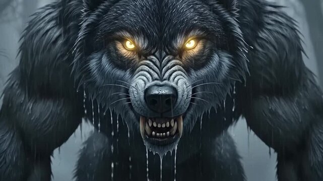 Menacing Black Wolf with Glowing Eyes in Dark Forest Scene.