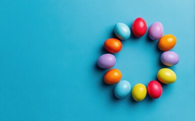 Colorful Easter eggs arranged in circular shape on bright blue background, representing festive holiday decoration and cheerful Easter concepts