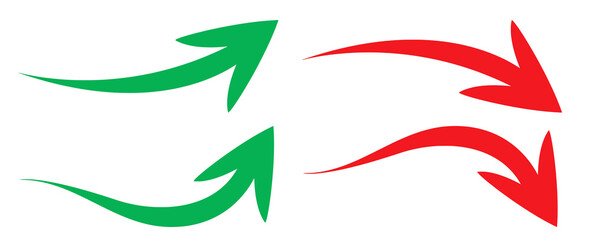 Obraz premium Set of curved green upward arrows and red downward arrows, business growth, financial decline, market trend direction, profit increase, and loss concept. For finance, analytics, and infographic design