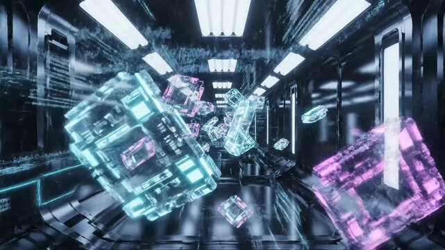 Abstract digital cubes glowing with blue and purple light in a futuristic tunnel environment
