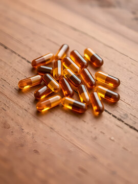 Beta alanine capsules arranged in a cluster on a textured wooden surface with warm brown tones and ample blurred background for copy space