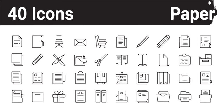 Paper and office supply icons set featuring document sheets envelope mailing tools writing pencils stationery and file folders