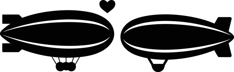 Black airship and zeppelin silhouette set isolated on white background, vintage flying blimp collection with heart symbol for aviation design, romance concepts and vector illustration © Goutom