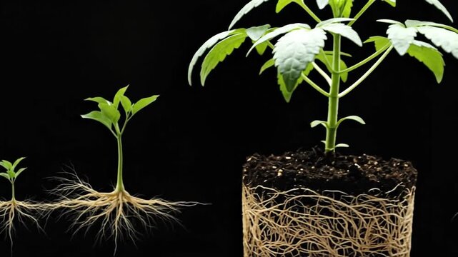 Stages of plant growth from seed to maturity, showing root development against black background.
