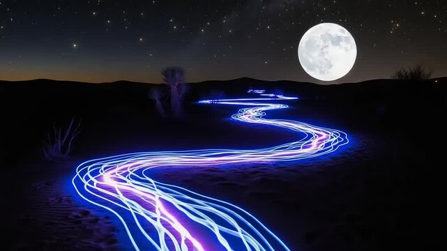 Nighttime Road with Neon Lights under Full Moon.