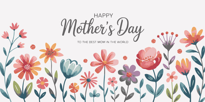 Happy Mother's Day horizontal banner with colorful watercolor flowers and foliage border, celebratory message for mom