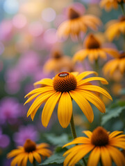 Rudbeckia blooming, yellow rudbeckia flowers closeup on bokeh flowers background, floral coneflowers background, selective focus..
