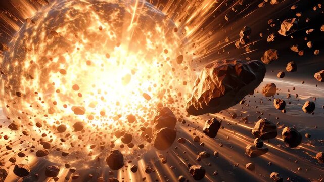 A massive asteroid belt is violently exploding and fragmenting in deep space, with debris scattering outwards.
