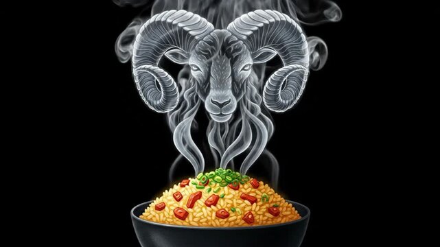 Steaming hot rice with a rams head made of smoke, a unique culinary art.