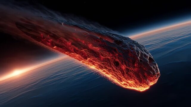 A fiery asteroid enters Earth's atmosphere, glowing intensely as it streaks across the dark sky above the planet's curved horizon.