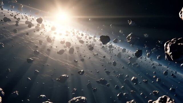 A breathtaking view of a dense asteroid belt illuminated by a distant, powerful sun in the vastness of space.