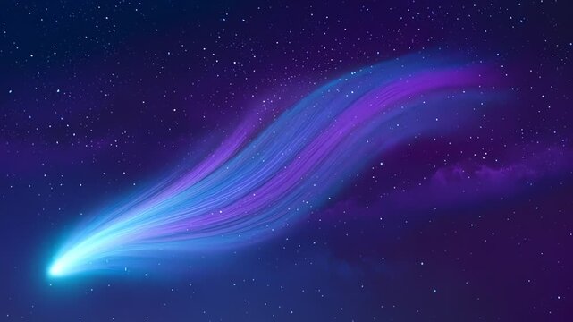 A vibrant blue and purple comet streaks across a starry night sky, leaving a luminous trail.