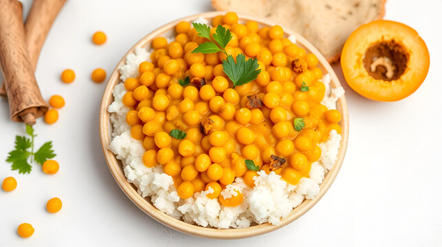 Delicious yellow split pea curry kik alicha prepared with turmeric, showcasing vibrant hues on a clean white background for a captivating culinary presentation