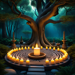 Creative depiction of meditation spaces surrounded sacred trees candles and incense
