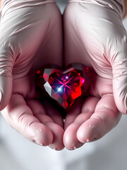Caring hands in protective gloves gently cradle a sparkling ruby heart, symbolizing compassion, medical care, and precious life held with utmost tenderness and dedication.