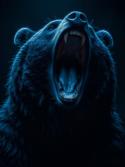 A close up of bear roaring on dark aluminate background