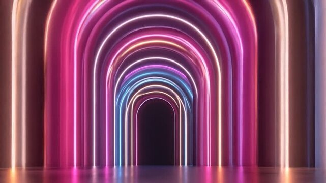 Abstract arched tunnel of colorful neon lights dark background futuristic design