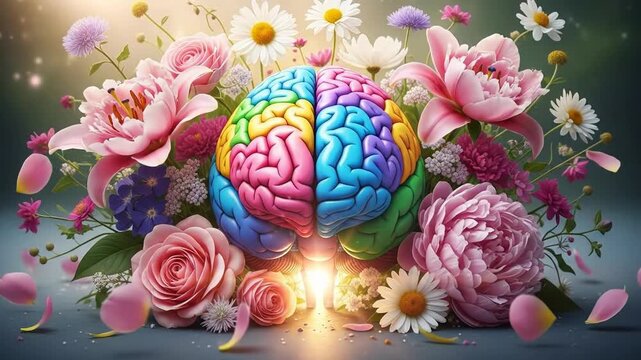 Vibrant multi-colored brain illustration surrounded by flowers symbolizing creativity and neuroscience.
