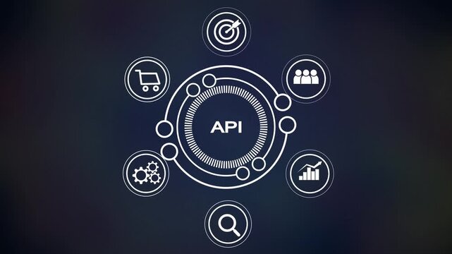 Digital interface displaying the acronym API in a central circle surrounded by interconnected representing business concepts like targets goals shopping carts gears analytics search and people on