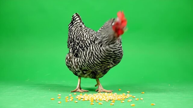 A barred Plymouth Rock chicken stands over scattered corn kernels against a green backdrop