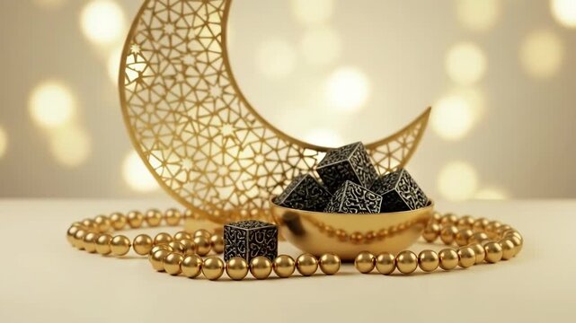 Elegant Ramadan Still Life with Golden Crescent Dates and Tasbih.