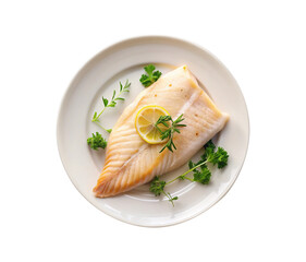 Steamed White Fish Fillet with Herbs and Lemon on Plate